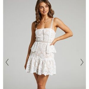 Showpo Dress Women Size 4 Small Lace Mini Ruffled White Fit & Flare CC